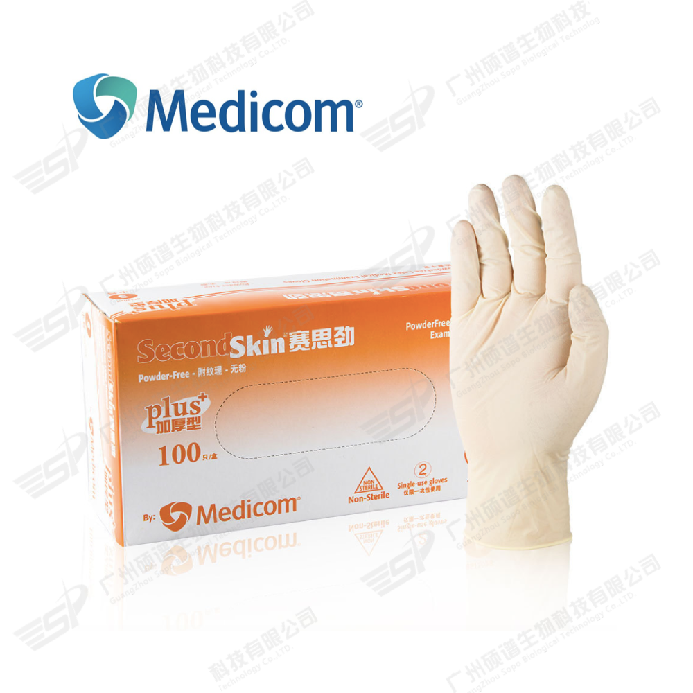 Medicom® Second Skin™ 乳胶检查手套 (无粉, 麻面, 加厚) , 100只/盒, 10盒/箱